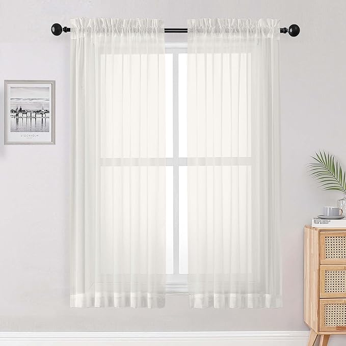 OWENIE Sheer Ivory Curtains, Sheer Curtains 63 inch Length 2 Panels Set, Rod Pocket Voile Fimly Sheer Drapes for Living Room Bedroom, 2pcs, Ivory, Each 59" W x 63" L