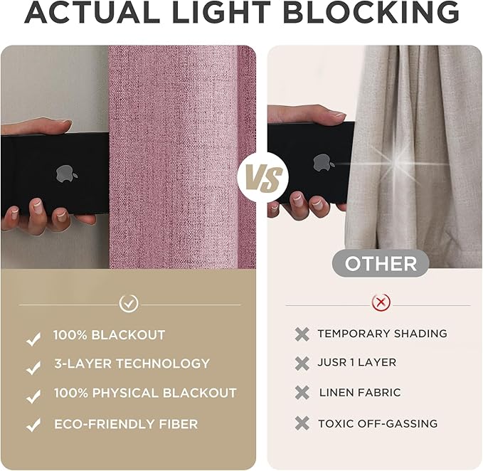 Joydeco Blackout Curtains for Bedroom - 100% Light Blocking 2 Panels Set Pink Drapes 42" W x 84" L, Thermal Insulated Room Darkening Curtains, Linen Textured for Living Room, Rod Pocket & Back Tabs