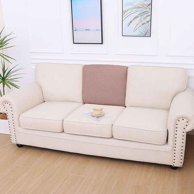 hyha Waterproof Couch Cushion Covers for Pets, Non Slip Sofa Seat Cover for Dogs Washable, Soft Thick Stretch Jacquard Fabric, Sofa Slipcovers with Elastic Bottom (1 Piece for Backrest M, Camel)