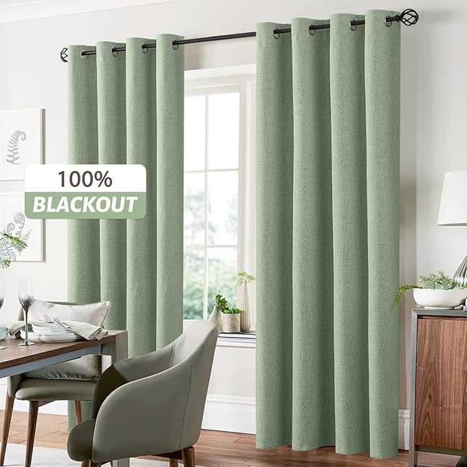 Yakamok Light Sage Green Linen Curtains 100% Blackout 90 Inches Long,Room Darkening Textured Curtains for Living Room Thermal Grommet Bedroom Curtains 2 Panels with White Liner