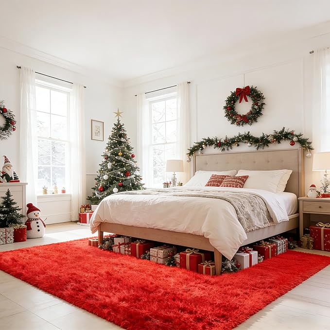 Red Shag Area Rugs for Bedroom Living Room,Ultra Soft Fluffy Christmas Area Rugs 4X6 for Dorm, Indoor Carpet Nursery Rugs for Kids Girls Room Home Decor,Red