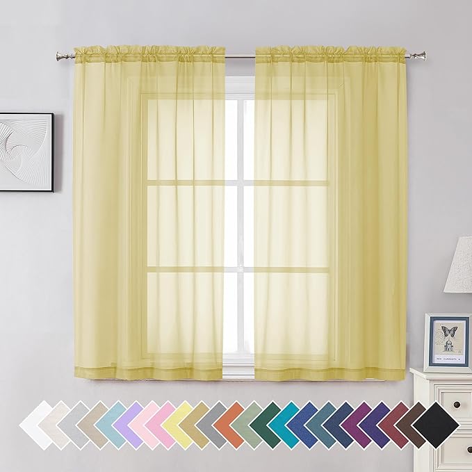Aiyufeng Yellow Sheer Curtains 54 Inch Length 2 Panels Set, Light Filtering Airy Rod Pocket Yellow Window Curtain Treatment Drapes for Kitchen Bedroom Living, Each 42Wx54L Inches