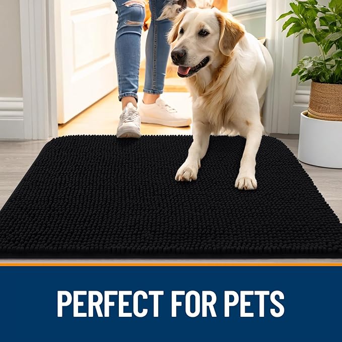 OLANLY Dog Door Mat for Muddy Paws 70x35, Absorbs Moisture and Dirt, Absorbent Non-Slip Washable Doormat, Quick Dry Chenille Mud Mat for Dogs, Entry Indoor Entryway Carpet for Inside Floor, Black