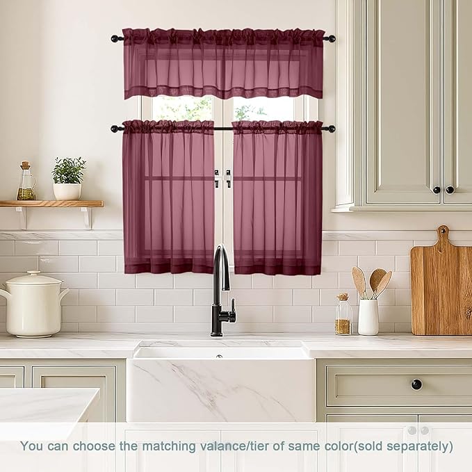 Burgundy Valances for Windows 14 inch Length 2 Panels Set, Small Voile Sheer Curtains for Bathroom, Soft Fabric Lightweight Light Filtering Kitchen Curtains, Dual Rod Pocket, 2x42Wx14L Inches