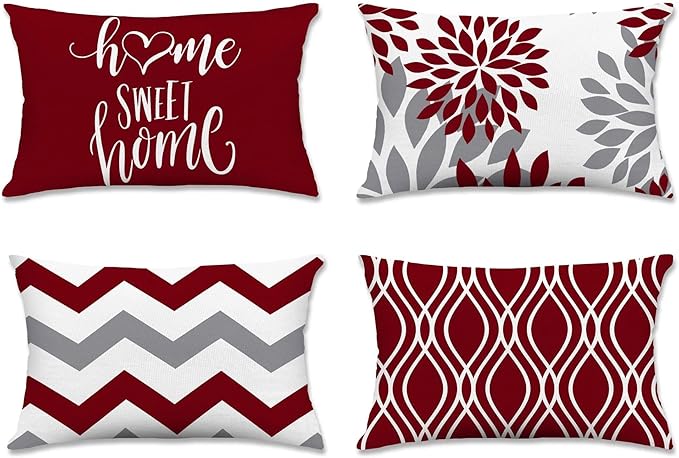 Hexagram Geometric Burgundy Pillow Covers 12x20 Set of 4, Decorative Outdoor Boho Modern Throw Pillow Covers, Home Sweet Home Farmhouse Cushion Case for Couch Sofa Bedroom Indoor Decor(No Insert)