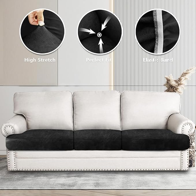 Leather Look Couch Cushion Covers Sofa Seat Slipcovers Sets Couches Furniture Protector for Sectional Armchair Loveseat Pets Kids Stretch Spandex Fabric (3 T-Cushion Sofa, Brown)