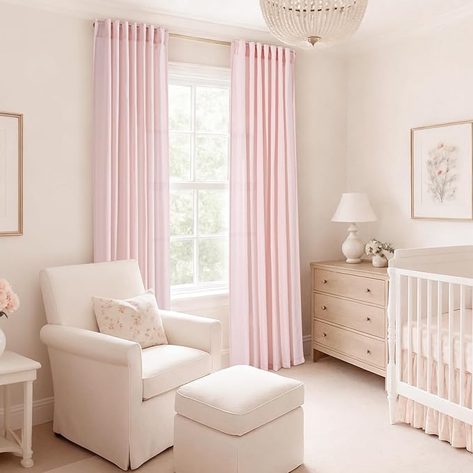 Light Pink Linen Back Tab Curtains 102 Inches Long for Living Room 2 Panels Set Neutral Modern Farmhouse Rod Pocket Light Filtering Semi Sheer Window Curtains for Kids Bedroom Pink Decor