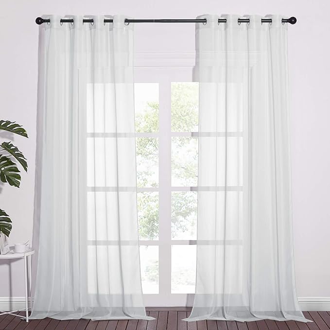 NICETOWN Long Sheer Curtain Panels - Ring Top Modern Window Treatment Voile Drapes for Bedroom/Living Room (Light Gray, One Pair, W54 x L96)