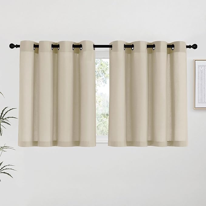 NICETOWN Angora Linen Kitchen Curtains 36 inch Length, Decorative Thick Flax Small Window Treatments Privacy Assured with Light Filtering for Bedroom/Bathroom, W55 x L36, 2 Panels