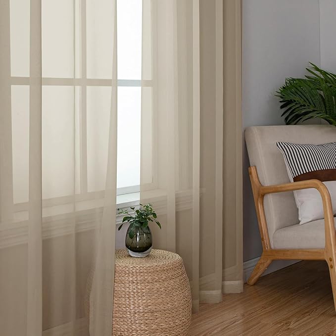 Aiyufeng Taupe Sheer Curtains 96 Inches Long 2 Panels Set, Semi Transparent Voile Rod Pocket Sheer Window Drapes for Bedroom Bed Canopy Living Room Dining Wedding Party Backdrop, 42W x 96L inch