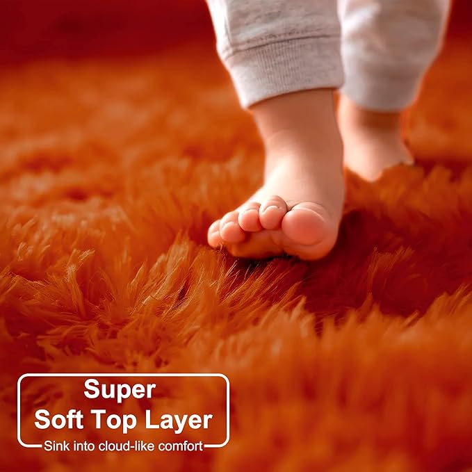 Amdrebio Burnt Orange Small Round Circle Rug 3Ft for Bedroom Living Room Aesthetic, Fluffy Fuzzy Furry Shaggy Area Rugs for Kids Room Decor, Plush Shag Dark Orange Carpet for Nursery Dorm Classroom
