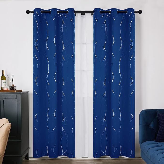 Deconovo Blackout Curtains, 38 x 90 Inch Drapes for Sliding Door with Wave Dot Silver Print, Soundproof Thermal Insulated Window Curtain for Bedroom Living Room, Set of 2, Machine Washable, Royal Blue