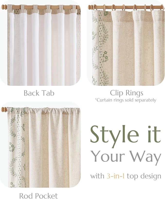 jinchan Belrose Lined Linen Blend Curtains Floral Curtains for Bedroom 96 Inch Length Sage Green Embroidered Drapes Rod Pocket Farmhouse Flower Drapes for Living Room Window Treatments Set 2 Panels