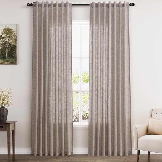 Nanspring Brownish Grey Linen Curtains for Living Room 86 Inches Long Back Tab Light Filtering Semi Sheer Curtain Modern Farmhouse Decor for Bedroom Office Luxury Textured Drapes 52x86, 2 Panels