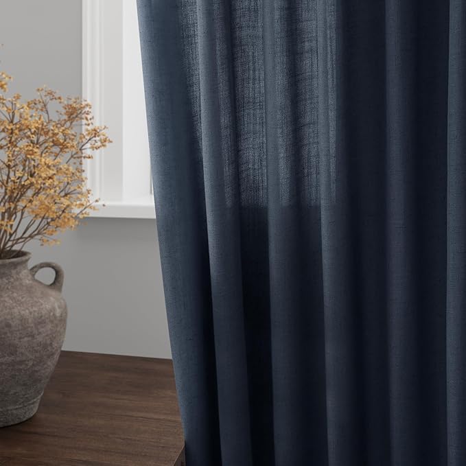 Nanspring Vintage Blue Linen Curtains 102 Inches Long Rod Pocket Back Tab Drapes 2 Panels Set for Living Room Light Filtering Semi Sheer Vintage Blue Curtain 102 Length for Patio Door Bedroom 52x102