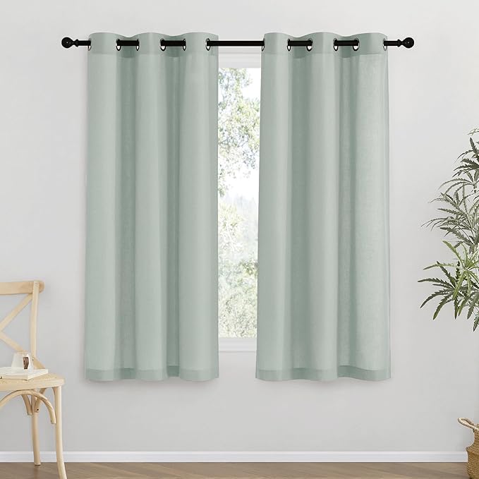 NICETOWN Thick Linen Blend Curtains Flax Textured for Bedroom, Rustic Grommet Semi Sheer Privacy Added Window Curtains & Drapes Light Filtering for Nursery, Sage Green, W42 x L63, Set of 2