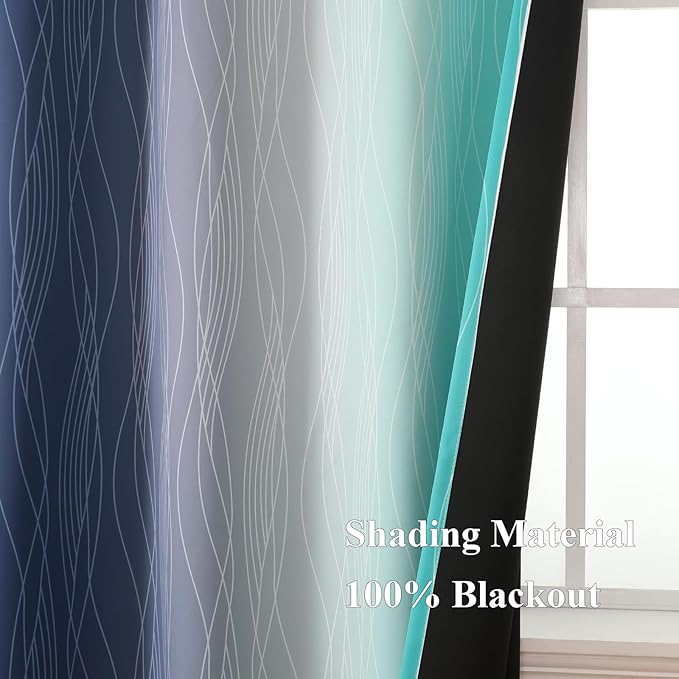 Estelar Textiler Navy Blue and Teal Gradient Blackout Curtains 102 Inches Long for Bedroom, Thermal Insulated Full Room Darkening Ombre Gray Grommet Drapes for Living Room, 52Wx102L, 2 Panels