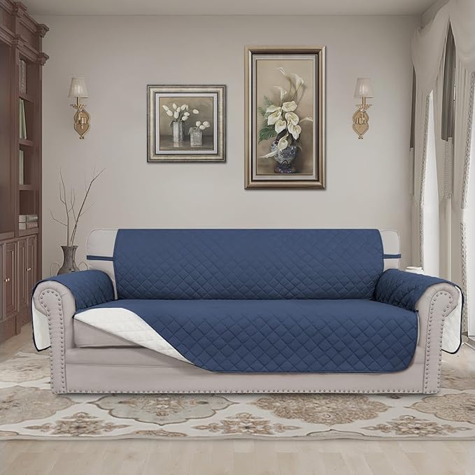 Easy-Going Reversible Oversized Couch Cover for 3 Cushion Couch Sofa Cover for Dogs Water Resistant Furniture Protector Cover with Foam Sticks for Pet (Oversized Sofa, Dark Blue/Ivory)