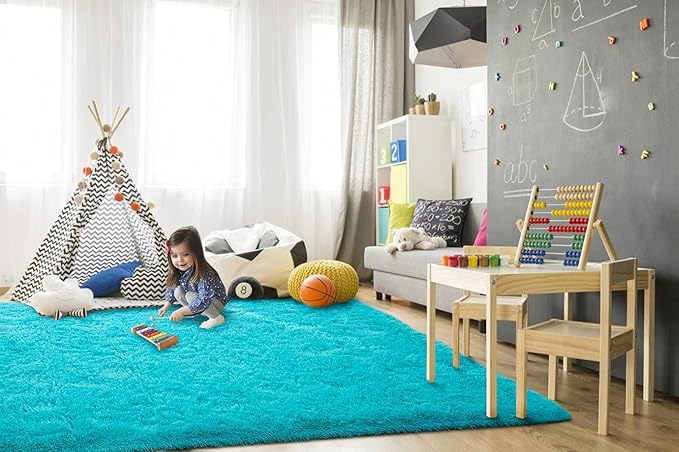 TWINNIS Super Soft Shaggy Rugs Fluffy Carpets, 4x5.9 Feet, Indoor Modern Plush Area Rugs for Living Room Bedroom Kids Room Nursery Home Decor, Upgrade Anti-Skid Rectangular Fuzzy Rug, Blue