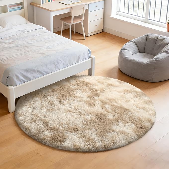 Tie-Dyed Beige Fluffy Round Rug,Soft Area Rugs for Girls Room,Shaggy Rugs 3'X3' for Living Room,Non Slip Circle Rug for Kids Bedroom,Shag Plush Nursery Carpets,Fuzzy Rug for Dorm,Room Decor Carpet