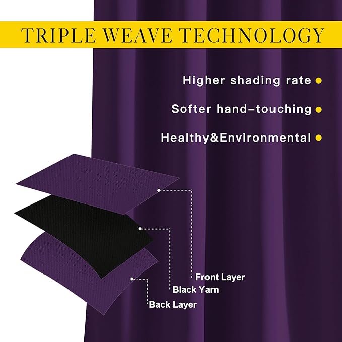 NICETOWN Kitchen Blackout Curtains and Drapes - Triple Weave Energy Saving Thermal Insulated Solid Grommet Blackout Panels for Patio (1 Pair, 66 inches by 90 Inch, Royal Purple)