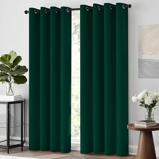 Yakamok 63 Inch Long Dark Green Blackout Curtains Room Darkening Thermal Insulated with Grommet Blackout Drapes for Bedroom, 52Wx63L inch, 2 Panels