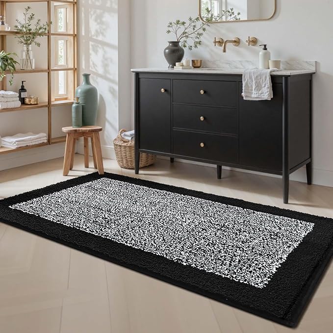 60x24 Long Bathroom Rugs Washable Non Slip, Black Bath Mat for Bathroom Floor Tub, Soft Absorbent Quick Dry Mats for Shower,Bathtub,Home Decor