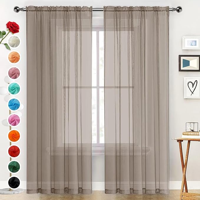 SpaceDresser Basic Rod Pocket Sheer Voile Window Curtain Panels Taupe 1 Pair 2 Panels 52 Width 72 Inch Long for Kitchen Bedroom Children Living Room Yard（Taupe, 52W x 72L）