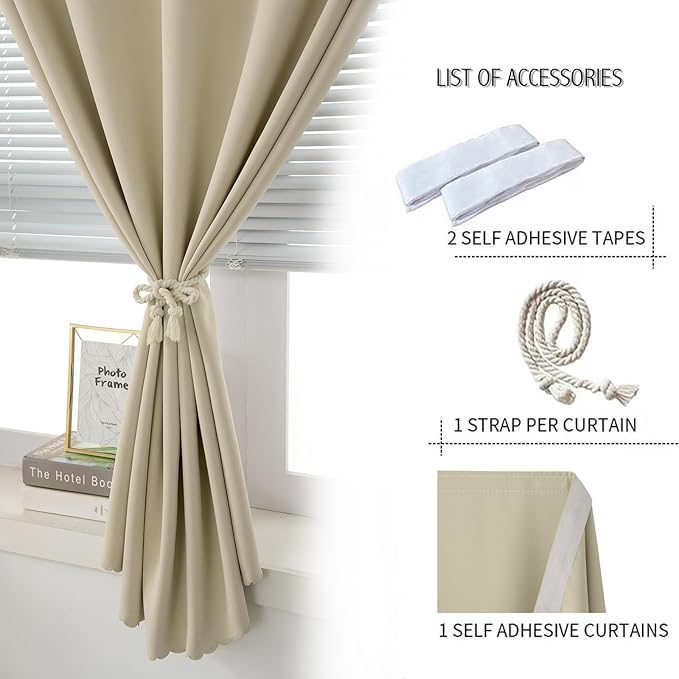 Self Adhesive Portable Blackout Curtains for Bedroom Easy to Install Window Thermal Lnsulated Kitchen Room Darkening Small Window Curtains, 47" W X 84" L, Beige, 1 Panel