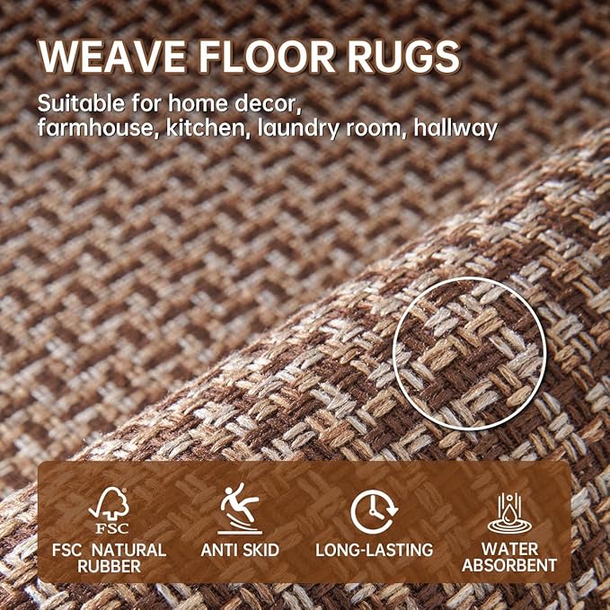 eqivei Kitchen Rugs and Mats Non Skid Washable Set of 2 PCS, Absorbent Runner Rugs for Kitchen, Farmhouse Weave Floor Mats in Front of Sink, 17.3"x 47"+17.3"x 29" (Brown)