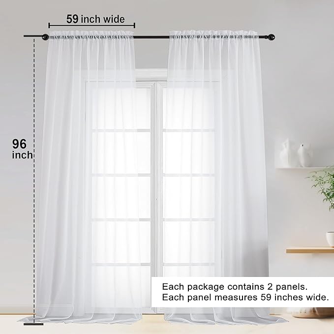 OWENIE Sheer White Curtains, Sheer Curtains 96 inches Long 2 Panels Set, Rod Pocket Voile Fimly Sheer Drapes for Living Room/Bedroom, 2pcs, Each 59" W x 96" L