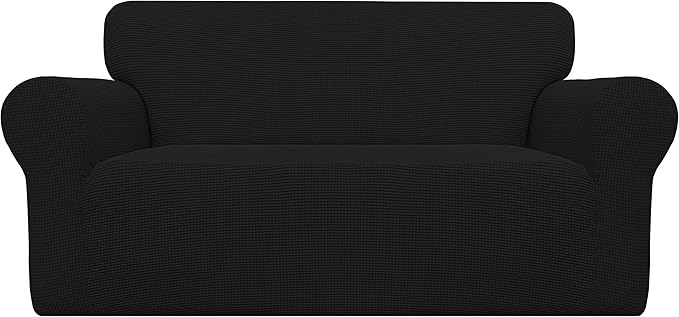 Easy-Going Stretch Loveseat Slipcover 1-Piece Sofa Cover Furniture Protector Couch Soft with Elastic Bottom for Kids Polyester Spandex Jacquard Fabric Small Checks (Loveseat, Black)