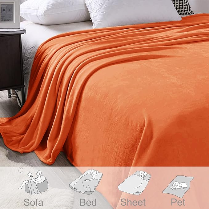 Exclusivo Mezcla Fleece Blankets Queen Size for Bed, Super Soft and Warm, All Season, Cozy, Plush, Lightweight, 90x90 Inches, Burnt Orange