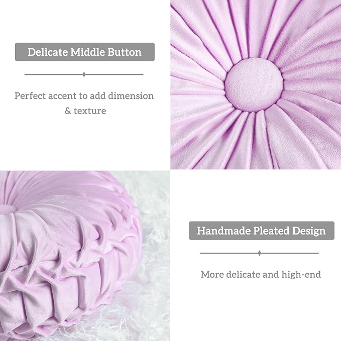 HIG Set of 2 Decorative Round Pleated Throw Pillows,Classy Accent Pumpkin Throw Pillows with Center Button,Vintage Velvet Floor Pillows for Sofa Vanity Chair Bed,Light Purple,14.5" Diameter(Ripple)