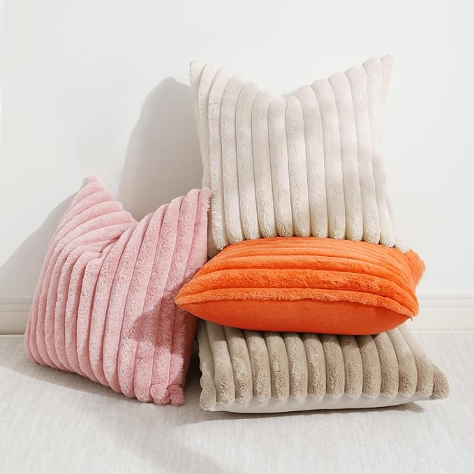 decorUhome Summer Cozy Faux Fur Throw Pillow Covers 16x16 Set of 2 Decorative Soft Plush Striped Modern Farmhouse Boho Couch Pillow Cases with Velvet Back for Sofa Bed Living Room, Beige