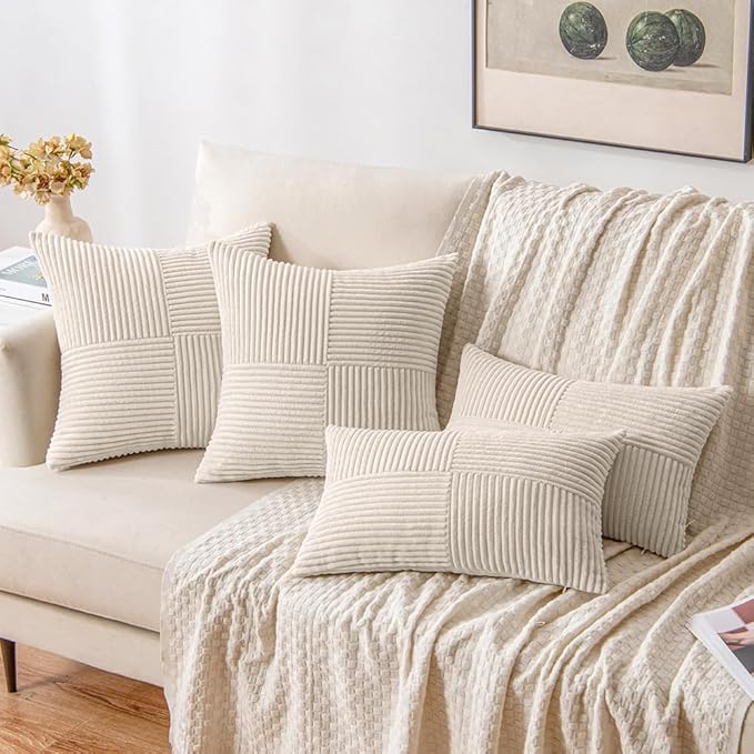 MIULEE Beige Decorative Throw Pillow Covers 22x22 Inch for Couch Bed Sofa Pack of 2 Boho Neutral Farmhouse Throw Pillows Soft Cross Corduroy Patchwork Textured Cushion Cases