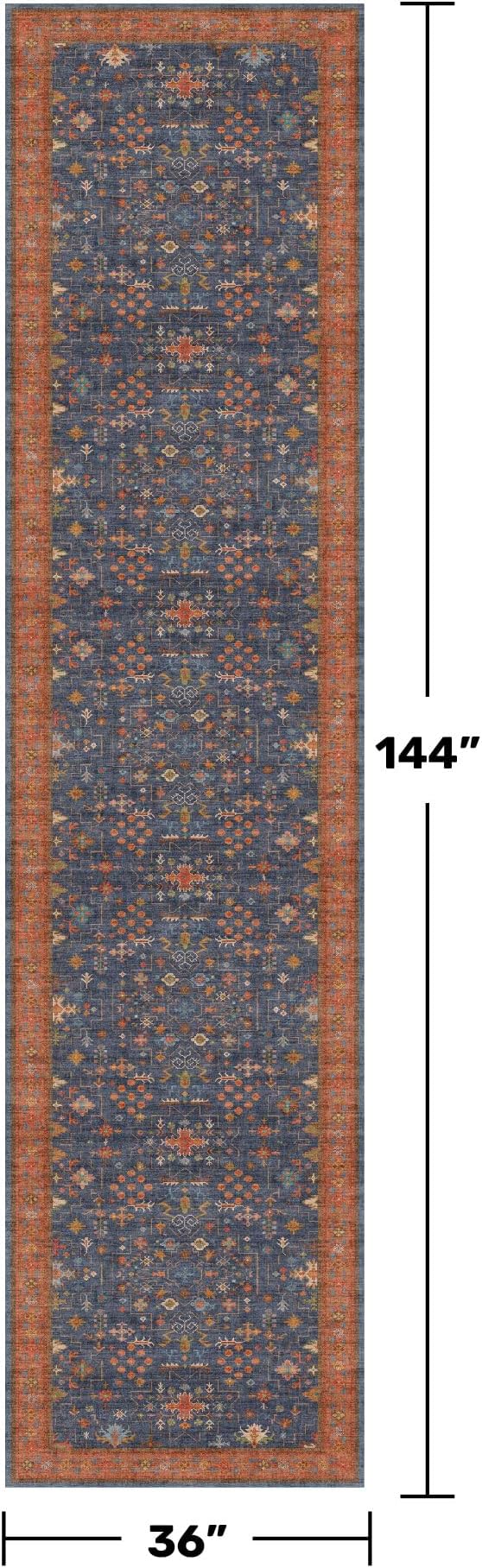 Washable 12 ft Long Runner for Hallway - Navy Blue Kitchen Floor Runner Rug, Pet Friendly Waterproof Non Slip with Rubber Backing, Stain Resistant Laundry Room Rug (3x12 Navy Blue & Terracotta)