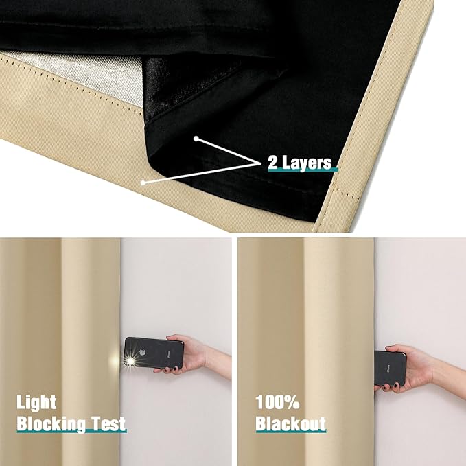 ChrisDowa 100% Blackout Curtains for Bedroom with Black Liner, 2 Thick Layers Total Blackout Thermal Insulated Grommet Small Window Curtains 2 Panels Set (Beige, 42 x 45 Inch)