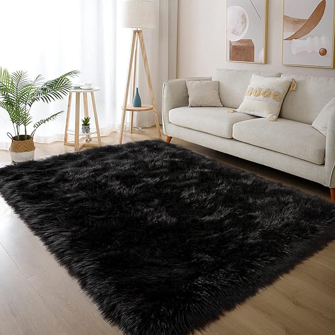 Latepis Black Rug for Living Room Faux Fur 5x6.7 Fluffy Rug Washable Sheepskin Rugs for Bedroom Bedside Dorm Luxury Home Décor, Rectangle
