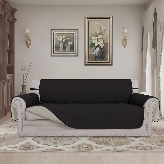 Easy-Going Reversible Oversized Couch Cover for 3 Cushion Couch Sofa Cover for Dogs Water Resistant Furniture Protector Cover with Foam Sticks for Pet (Oversized Sofa, Black/Beige)