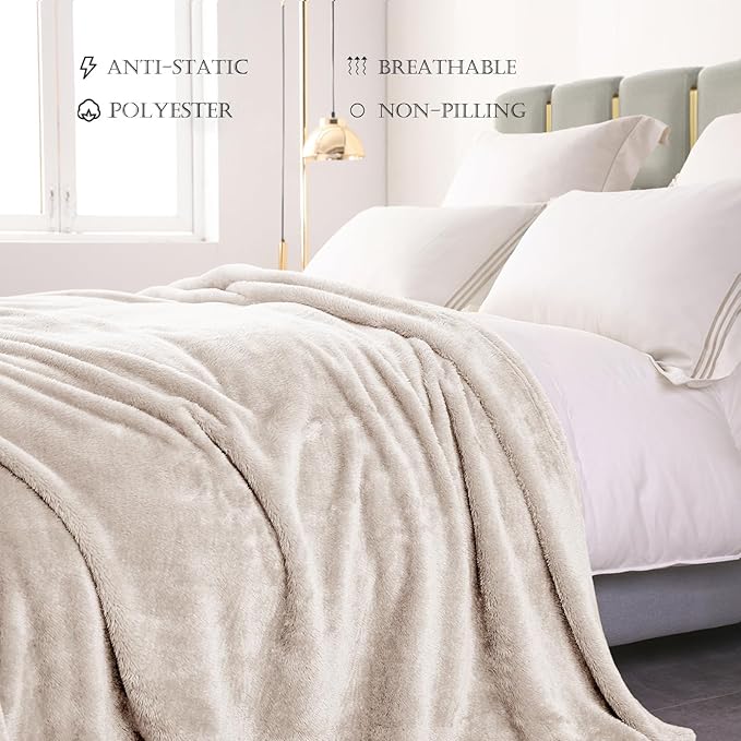 Exclusivo Mezcla Plush Fuzzy Fleece Bed Blanket Twin Size, Super Soft, Fluffy and Warm Blankets for Couch, Bed, All Season (Beige, 90x66 inches)