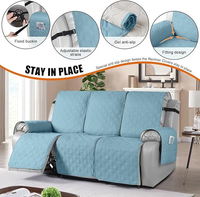 VANSOFY Waterproof Recliner Couch Covers, Sofa Covers 1-Piece Washable Reclining Sofa Cover Non-Slip Furniture Protector with Elastic Straps Pocket for Dogs, Pets(Azuree,3 Seater)