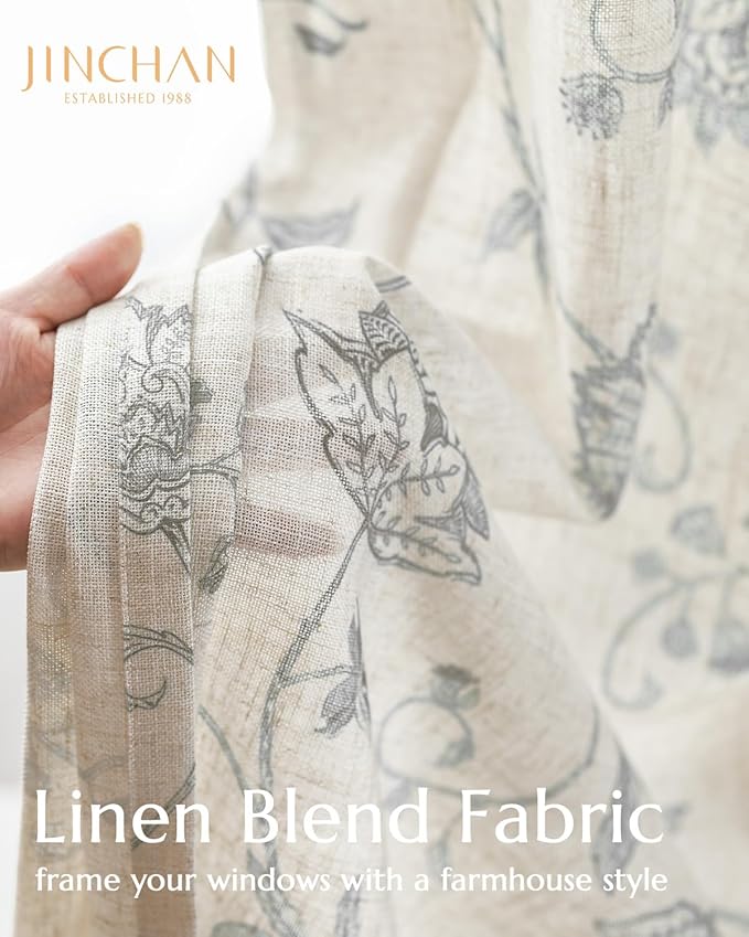 jinchan Linen Curtains Floral Curtains 96 Inch Length for Living Room Bedroom Light Filtering Rod Pocket Back Tab Jacobean Curtains Flax Linen Texture Window Drapes Set 2 Panels Dark Grey on Linen