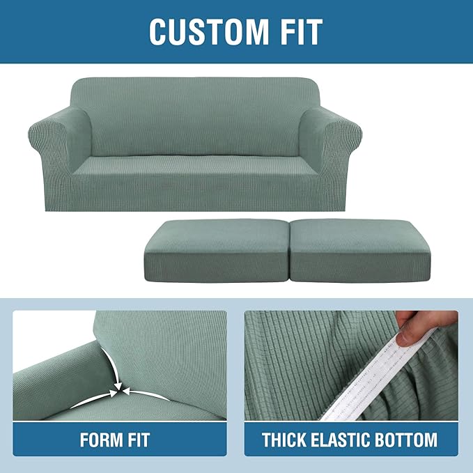 H.VERSAILTEX 3 Piece Stretch Sofa Covers for 2 Cushion Sofa Couch Covers for Living Room Sofa Slipcovers (Base Cover Plus 2 Seat Cushion Covers) Thicker Jacquard Fabric(Large Sofa, Sage)
