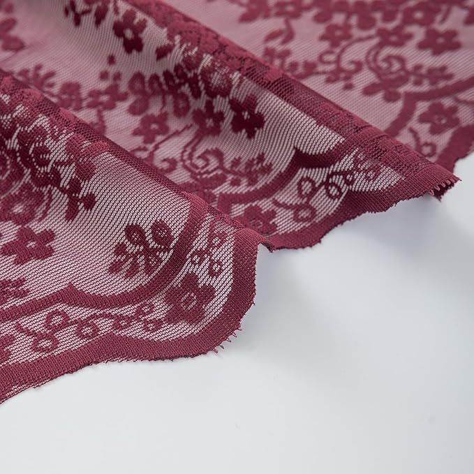 YJ YANJUN Vintage Lace Curtains 45 Inch Length-Victorian Floral Pattern Burgundy Sheer Curtain Panels for Kitchen Bathroom Laundry Room Small Windows Light Filtering 2 Panels 52W x 45L Red Wine