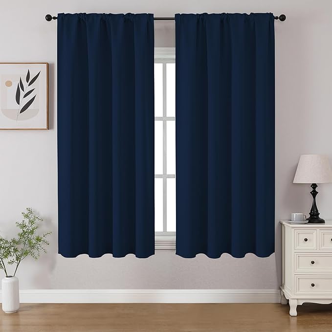 CUCRAF Navy Blue Blackout Curtains 45 inch Length 2 Panels Set, Rod Pocket Room Darkening Drapes for Bedroom Living Room, Insulated Thermal Light Blocking Window Curtain (W52 x L45 Inch)