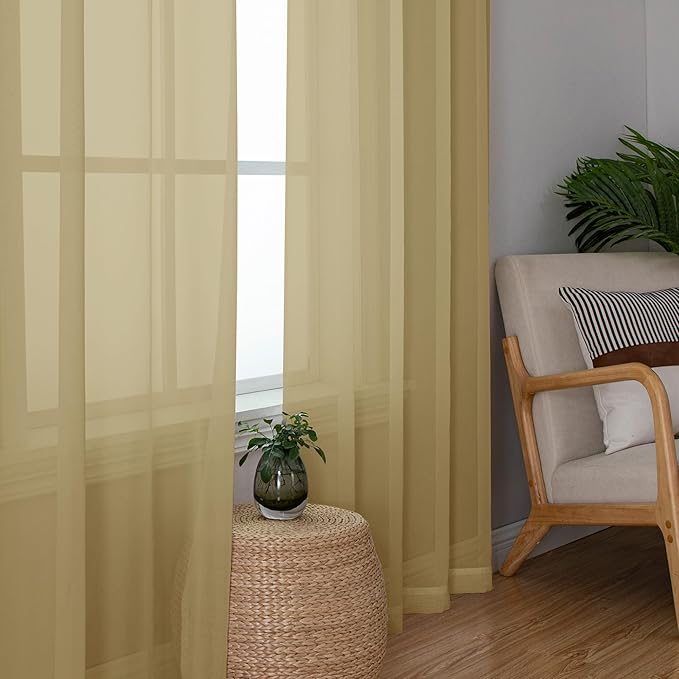 OWENIE Gold Sheer Curtains 72 Inches Long 2 Panels Set, Transparent Light Filtering Sheer Curtain Rod Pocket Clear Drapes for Living Room Bedroom Window Sliding Glass Door, Each 42 x 72 Inch, Gold
