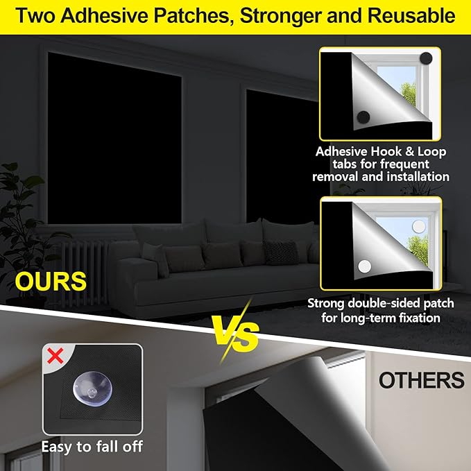 FADOTY Blackout Curtains for Bedroom, Portable 100% Black Out Window Cover Film, Cuttable Blackout Shades Fabric Sheet, No Drill Window Blinds, Sun Heat Light Blocker for Travel Media Dorm, 57'' W