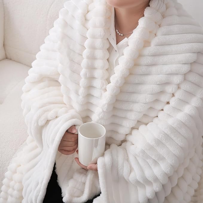 Cream White Fleece Throw Blanket 50”×60” for Couch Sofa Bed,Super Soft Cozy Plush Microfiber Flannel Blanket with Stripes Design Lightweight for Adults,Woman,Girls