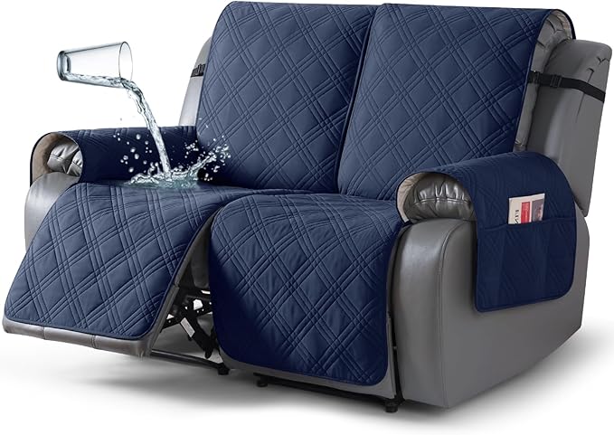 TAOCOCO 100% Waterproof Oversized Loveseat Recliner Cover, Non Slip Split Couch Covers for Reclining Loveseat with Elastic Straps for Kids Pets(Oversized 2 Seater, Navy Blue)